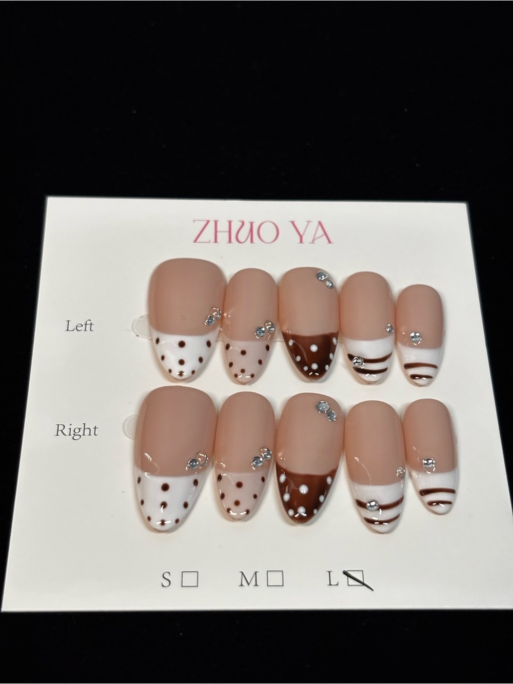 Nude & White Polka Dot Press-On Nails with Rhinestones